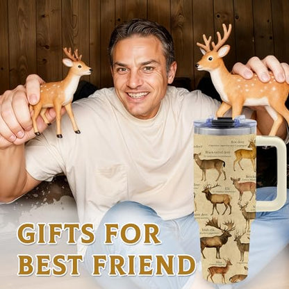 40oz Tumbler with Handle, Deer Gifts for Men Dad Boyfriend - color: Deer-Khaki