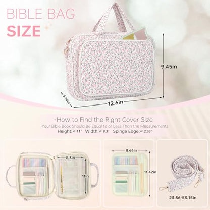 Bible Cover Case for Women Bible Study Supplies Church Camp Essentials Christian Gifts for Women Journaling Kit Quilted Large Bible Book Sleeve (Pink Flowers, Large) - color: Pink Flowers