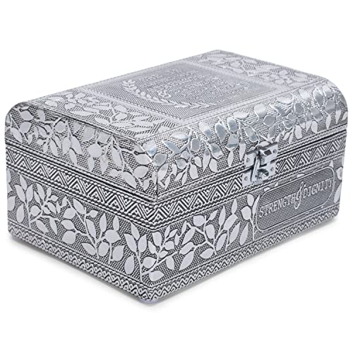 Cottage Garden Strength Silver Tone Metal Stamped Round Top Trunk Keepsake Box - color: Silver Tone, style: Strength