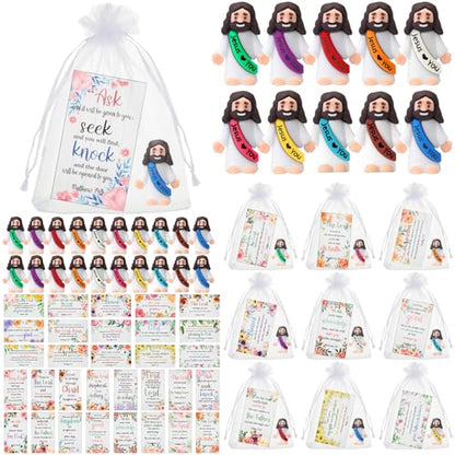 Bememo 50 Sets Christian Gifts Bulk Bible Verse Cards Include Little Jesus Figures Prayer Cards and Organza Bags for Religious Party Favors Sunday Baptism Gifts(Flower Style,Bright) - color: Bright, style: Flower Style