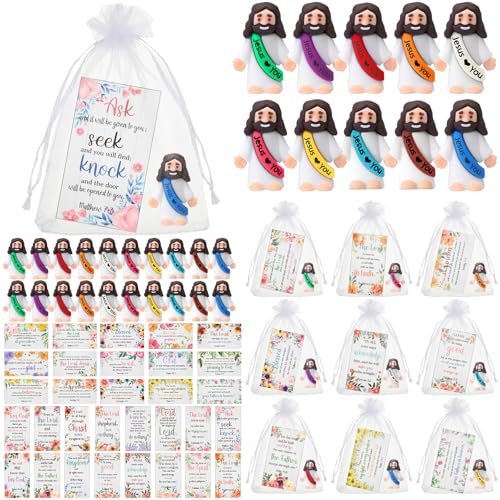Bememo 50 Sets Christian Gifts Bulk Bible Verse Cards Include Little Jesus Figures Prayer Cards and Organza Bags for Religious Party Favors Sunday Baptism Gifts(Flower Style,Bright) - color: Bright, style: Flower Style