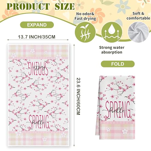 Cherry Blossoms Kitchen Towels, Hello Spring Dish Towel For Kitchen Bathroom, Pink Plaid Floral Decorative Hand Towels, Cherry Branches Fast Drying Tea Towel, Spring Gifts Sweet Home Decor-S02 - color: Pink Cherry Blossoms