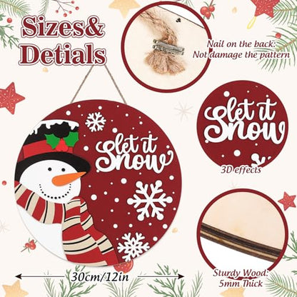 JarThenaAMCS Christmas Winter Welcome Door Sign Xmas Red Snowman Snowflake Wooden Front Door Hanging Sign 3D Round Outdoor Hanger for Party Home Wall Porch Decorations, 12 Inch - style: Snowman