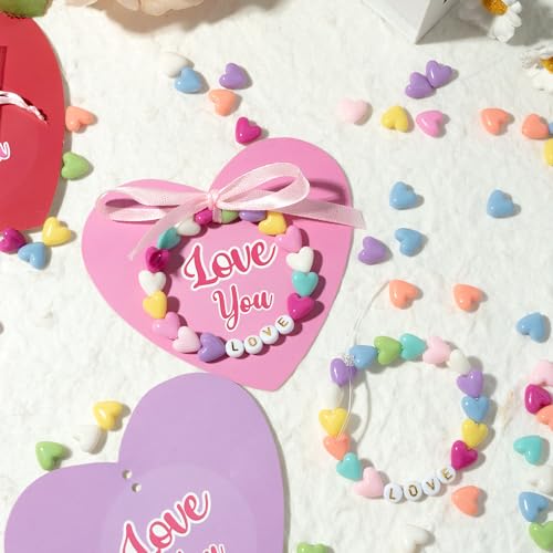 BeYumi Valentine Bracelet Craft Kit - 24 Pack Valentine's Day Love Letter Beads Bracelets with Heart Gift Cards and Bag Thankful Craft Kit to Mother Friend School Classroom Party Activities Ages 6-12 - style: LOVE