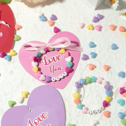 BeYumi Valentine Bracelet Craft Kit - 24 Pack Valentine's Day Love Letter Beads Bracelets with Heart Gift Cards and Bag Thankful Craft Kit to Mother Friend School Classroom Party Activities Ages 6-12 - style: LOVE