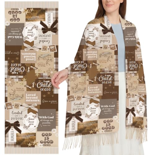 The Virgin Mary Bible Verse Shawls for Women, Catholic Christian Blanket Scarf Gifts or Mom Teacher Christmas - color: Brown Beige