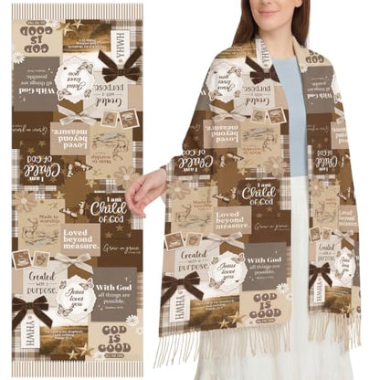 The Virgin Mary Bible Verse Shawls for Women, Catholic Christian Blanket Scarf Gifts or Mom Teacher Christmas - color: Brown Beige