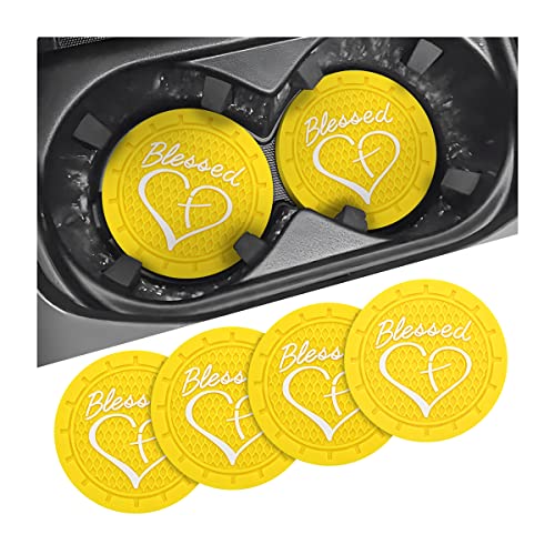 AICEL 4 Pack Car Cup Coasters, 2.75 Inch Soft PVC Car Cup Holder Insert Coaster, Blessed Cross and Heart Christian Anti Slip Shockproof Drink Mat, Universal Vehicle Interior Accessories (Yellow) - color: Yellow