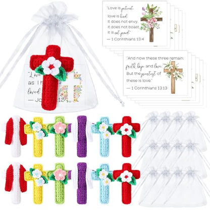12 Sets Collectible Dolls Bulk Handmade Crochet Cross with Bible Prayer Cards for Women Church Religious Birthday Wedding Baptism Party Favors Stocking Stuffers Home Decor Gifts