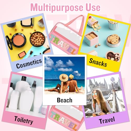 Preppy Clear Travel Makeup Bags with Chenille Letter Patches, Travel Essentials Large Clear Make up Bag Zipper Pouch with Handle, Waterproof Nylon Cosmetic Toiletry Storage Tote for Women(TRAVEL-Pink) - color: TRAVEL-Pink