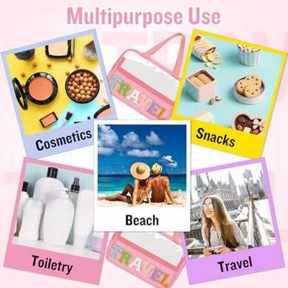 Preppy Clear Travel Makeup Bags with Chenille Letter Patches, Travel Essentials Large Clear Make up Bag Zipper Pouch with Handle, Waterproof Nylon Cosmetic Toiletry Storage Tote for Women(TRAVEL-Pink) - color: TRAVEL-Pink