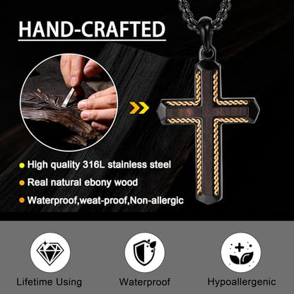 Wooden Cross Necklace for Men With Stainless steel And Black Ebony Adjustable Box Chain 24–26 inches Suitable for Everyday Wear And Christian Gifts for Men - color: Black-J