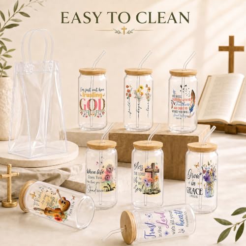 Iced Coffee Mugs, 8 Sets, Glass, 16 oz, Reusable, Christian Boho - color: Christian Faith