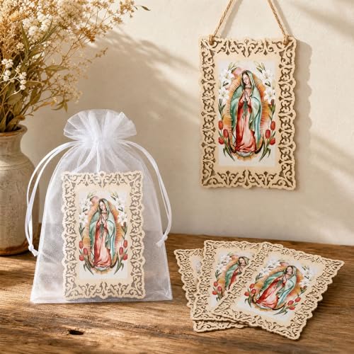 12 Pcs Our Lady of Guadalupe Wooden Picture Frames with Organza Gift Bags, Holy Prayer Cards First Communion Christening Memorial Engrave Baptism Favors for Guests, Catholic Gifts
