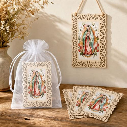 12 Pcs Our Lady of Guadalupe Wooden Picture Frames with Organza Gift Bags, Holy Prayer Cards First Communion Christening Memorial Engrave Baptism Favors for Guests, Catholic Gifts