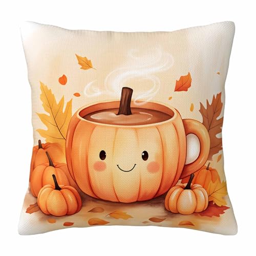 Whimsical Autumn Throw Pillow Cover,Cute Pumpkin Mug with Fall Leaves Decorative Pillow Case,Thanksgiving Harvest Cotton Linen Cushion Case for Home Decor 18 * 18 Inch - color: Settype18