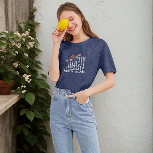 Women's Christian Shirt Fruit of The Holy Spirit Flower T-Shirt Inspirational Bible Text Top - color: Z-q6013-blue, size: Medium