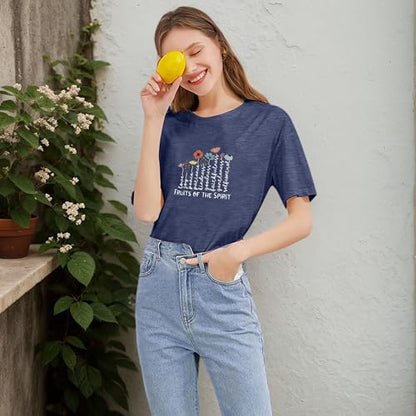 Women's Christian Shirt Fruit of The Holy Spirit Flower T-Shirt Inspirational Bible Text Top - color: Z-q6013-blue, size: X-Large
