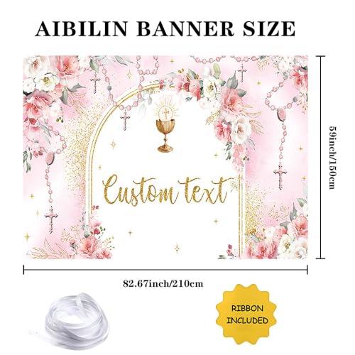 AIBIIN 7x5ft First Holy Communion Custom Backdrop for Girl Mi Primera Comunión Party Personalized Decorations Pink and Elegant Floral Party Banner Dove Bible God Bless Party Photo Props - color: Pink Custom, size: 7x5ft