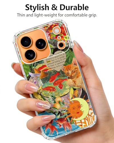 Orange Cat Goldfish Art Phone Case Compatible with iPhone 17 Pro Max, Hippie Funky Phone Cover for iPhone 17 Pro Max - color: Cat and Goldfish
