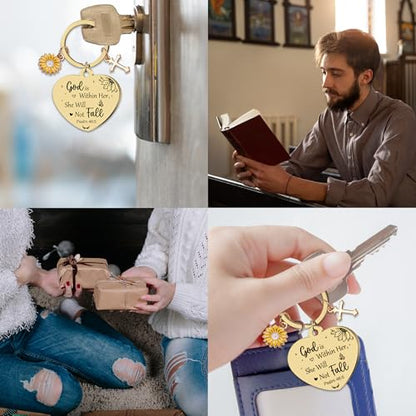 Sunflower Christian Gifts Keychain for Women, Inspirational Bible Verse Keyring, Religious Faith Gift for Birthday Christmas - color: Gold