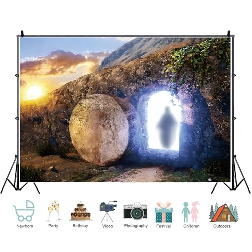 Easter Resurrection Backdrop 7x5ft Fabric Christian Religious Empty Tomb Scene Photography Background for Church Studio Photo Booth Props - color: Easter Tomb 02, size: 7x5ft
