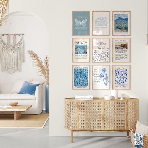 FYARTKJ 9Pcs Bible Verse Wall Art Prints Christian Blue Scripture Quotes Posters Vintage Religious Gallery Wall Decor Pictures for Living Room Bedroom Decoration, 8x10in Unframed