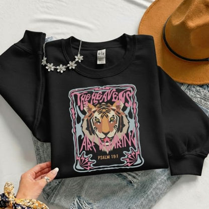 FITIN Unisex The Heavens Are Roaring Psalm 19:1 Sweatshirt – Christian Tiger Graphic Faith Crewneck - color: Black, size: Medium