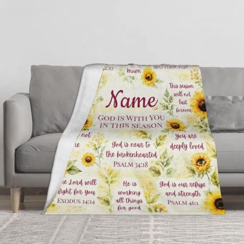 Custom Name Sunflower Christian Blanket for Women, God is with You Scripture Throw Blanket, Personalized Faith Gift for Mom Daughter Sister Friend, Sympathy Birthday Christmas Baptism Gift - color: Background Pattern 1