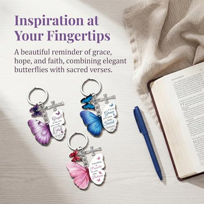 3 Pack Christian Butterfly Cross Keychains, Women Bible Verse Keychains, Inspirational Religious Gifts (Purple, Blue, Pink)