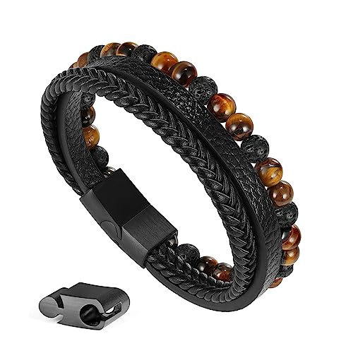 Beaded Leather Bracelets - Gifts for Men, 6mm Tiger Eye Lava Rock Stone Beads Braided Leather Bracelet Handmade Mens Bracelet With Adjustable Magnetic Clasp - color: Black-7
