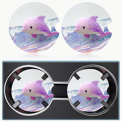 Ceramic Car Cup Holder Coasters Set of 2, 2.56 in Purple Dolphin - color: Purple Dolphin