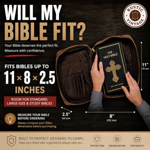 11 x 8 inch Real Leather Bible Cover for Men, Bible Case Women Organizer with Handle & Pocket Pen Holder Christian Religious Gift Bookmark Bible Carrying Bag for Church - Antique Brown - color: Brown