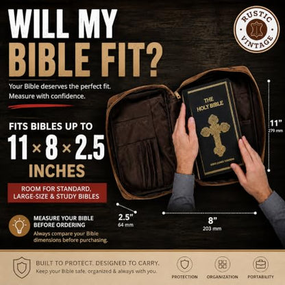 11 x 8 inch Real Leather Bible Cover for Men, Bible Case Women Organizer with Handle & Pocket Pen Holder Christian Religious Gift Bookmark Bible Carrying Bag for Church - Antique Brown - color: Brown