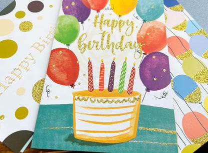 8 Individually Wrapped Birthday Cards Assortment with Envelopes/Stickers. For Women, Men, Kids. Large 5”x7”, Blank Inside. Adorned with Gold Glitter and Embossed Gold Foil. (8 birthday cards)
