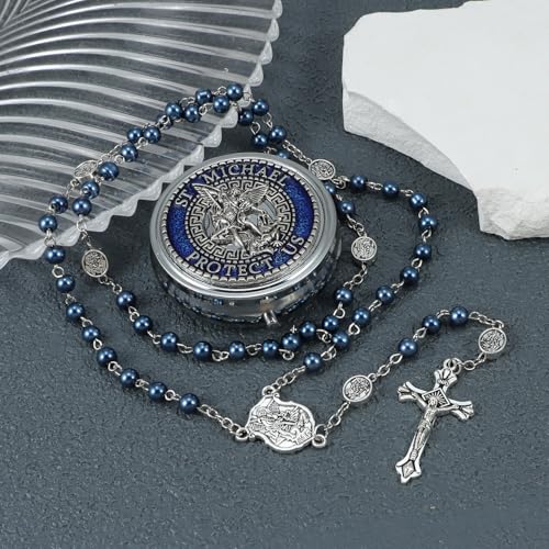 Saint Michael the Archangel Catholic Rosary Necklace - color: Saint Michael-Blue