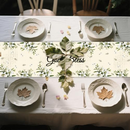WADORN Blessed Cross Table Runner 13x72Inch Easter Olive Leaves Bless This Home God Bless Easter Kitchen Dining Decoration Spring Summer Seasonal Farmhouse Table Runner for Holiday Party - size: Bless This Home God Bless