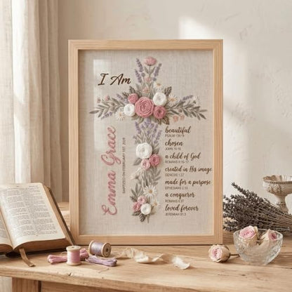 NAZENTI Custom Hand Embroidery Wooden Frame Sign Baptism Gift for Boy, Personalized Embroidered Floral Sign with Name - color: DS01