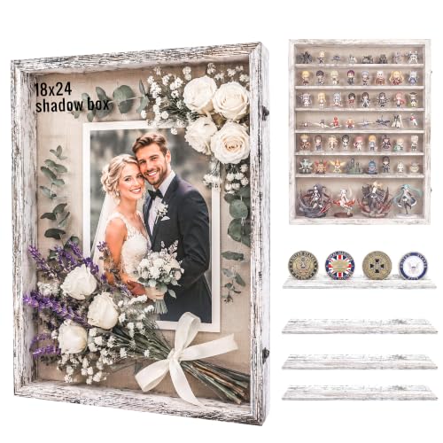 GMFrames 18x24 Wooden Shadow Box Frame with Removable Shelves Deep Display Case for Military Medals Keepsakes White - color: White, size: 18x24