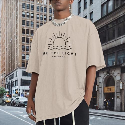 Christian Be The Light Shirts for Men Jesus God Faith Religious Bible Verse T Shirt Oversized Acid Wash Graphic Tees - color: Apricot, size: Large