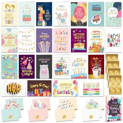 Decorably 24 Pack Gold Foil 4x6in Blank Happy Birthday Cards