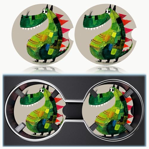 Ceramic Car Cup Holder Coasters Set of 2, 2.56 in Green Dinosaur - color: Green Dinosaur