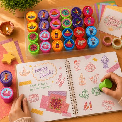 Cinrobiye 24 Pcs Diwali Stampers Party Favor Set, Cute Festival of Lights Stamps for Kids Diwali Celebration, Classroom Rewards, Cultural Party Supplies, Goody Bag Fillers, Holiday Party Favors - color: Diwali