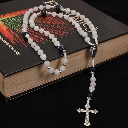 Nazareth Store 8mm White Jade & 10mm Natural Stone Beads Rosary Necklace St. Miraculous Medal & Cross Crucifix Catholic Prayer Beads Religious Jewelry - color: Lapis lazuli