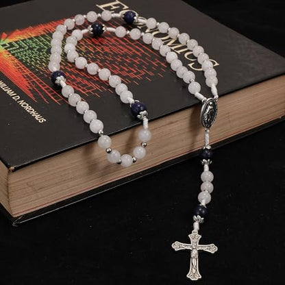 Nazareth Store 8mm White Jade & 10mm Natural Stone Beads Rosary Necklace St. Miraculous Medal & Cross Crucifix Catholic Prayer Beads Religious Jewelry - color: Lapis lazuli