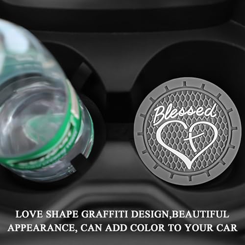 KVAEY 2 PCS Car Cup Holder Coasters, 2.76 Inch Anti Slip Vehicle Drink Mats with Cute Blessed Cross and Heart, Shockproof, Universal Car Accessories (Gray, 2 PCS) - color: Gray, size: 2 PCS