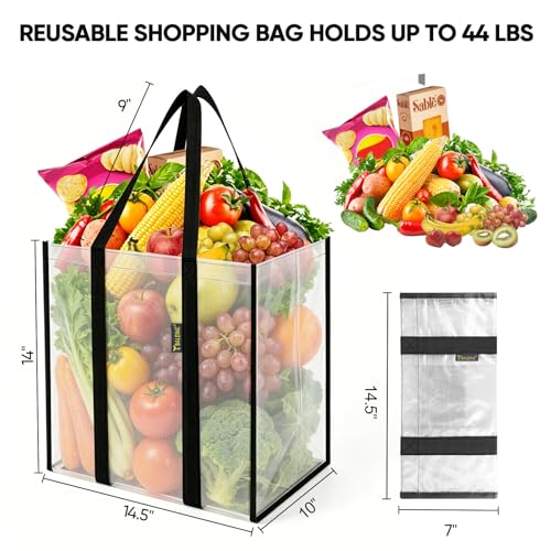 BALEINE 4 PK Grocery Bags Reusable Shopping Bags with Reinforced Bottom, Heavy Duty Foldable Tote Bags (Transparent) - color: Transparent, size: 4 PK