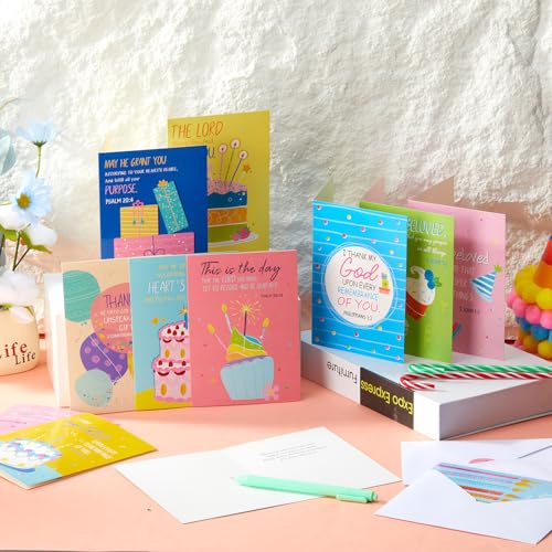 Motiskyy 48 Pack Religious Christian Birthday Cards Bulk with Scripture Assorted Bible Verse 4.5 x 6.2 Inch Christian Blessings Birthday Greeting Cards with Envelopes and Stickers (Illustration Style) - style: Illustration Style