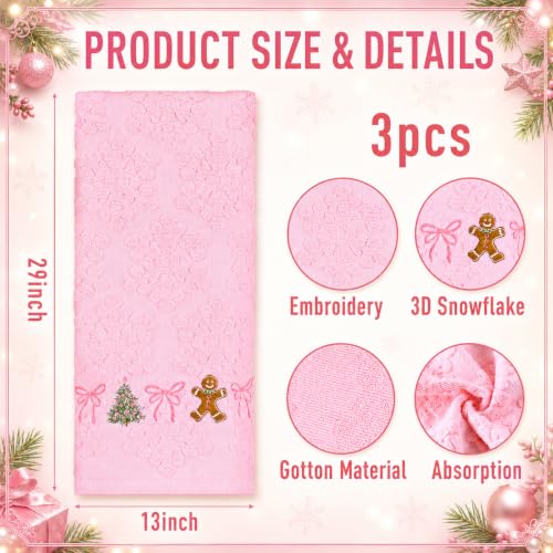 3 Pcs Pink Christmas Hand Towels for Bathroom 3D Bow, Pink, Snowflakes - color: Pink, size: Snowflakes