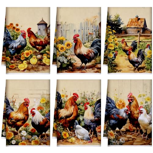 Bencailor 6 Pcs Farmhouse Kitchen Towels Chicken Rooster Kitchen Decor Farm Animal Hand Towels for Cooking Baking Housewarming Gift,15.75 x 23.62 inch(Fresh Color,Daisy Rooster) - color: Fresh Color, style: Daisy Rooster